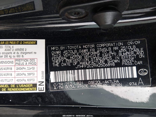 Aukcja sprzedaży 2010 Lexus Is 250c, vin: JTHFF2C29A2506898, numer aukcji: 45295118