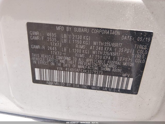 Aukcja sprzedaży 2019 Subaru Outback 2.5i Premium, vin: 4S4BSAFCXK3375370, numer aukcji: 45295127