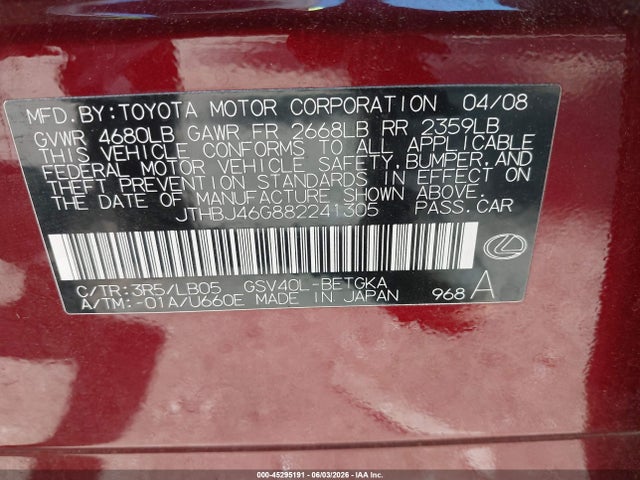 45295191 :رقم المزاد ، JTHBJ46G882241305 vin ، 2008 Lexus Es 350 مزاد بيع
