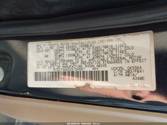 Aukcja sprzedaży 2003 Toyota Sequoia Sr5 V8, vin: 5TDZT34A23S154567, numer aukcji: 45295192