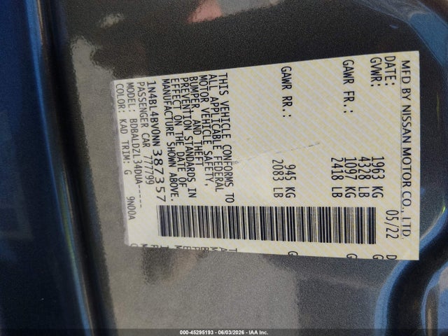 1N4BL4BV0NN387357 Nissan Altima S Fwd