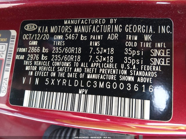 2021 Kia Sorento S მანქანა იყიდება აუქციონზე, vin: 5XYRLDLC3MG003616, აუქციონის ნომერი: 45295203