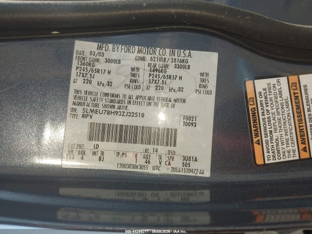 2003 Lincoln Aviator მანქანა იყიდება აუქციონზე, vin: 5LMEU78H93ZJ32518, აუქციონის ნომერი: 45295211