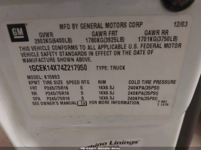 2004 Chevrolet Silverado 1500 Work Truck მანქანა იყიდება აუქციონზე, vin: 1GCEK14X74Z217950, აუქციონის ნომერი: 45295213