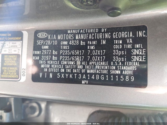 Aukcja sprzedaży 2011 Kia Sorento Lx, vin: 5XYKT3A14BG111589, numer aukcji: 45295224