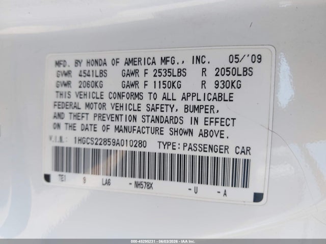2009 Honda Accord 3.5 Ex-l მანქანა იყიდება აუქციონზე, vin: 1HGCS22859A010280, აუქციონის ნომერი: 45295231