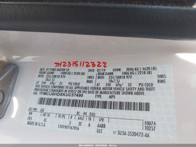1FMCU0HDXKUC57490 Ford ESCAPE SEL