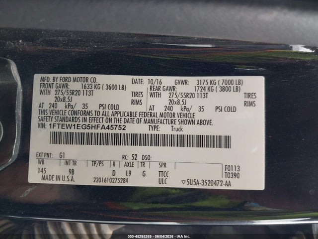 Aukcja sprzedaży 2017 Ford F-150 Platinum, vin: 1FTEW1EG5HFA45752, numer aukcji: 45295269