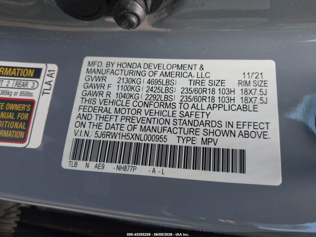 Продажа на аукционе авто 2022 Honda Cr-v 2wd Ex, vin: 5J6RW1H5XNL000955, номер лота: 45295289