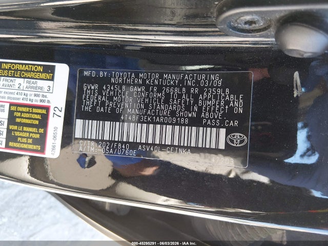 2010 Toyota Camry Le მანქანა იყიდება აუქციონზე, vin: 4T4BF3EK1AR009188, აუქციონის ნომერი: 45295291