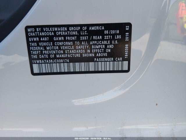 Продаж на аукціоні авто 2018 Volkswagen Passat 2.0t Se, vin: 1VWBA7A36JC038174, номер лоту: 45295299