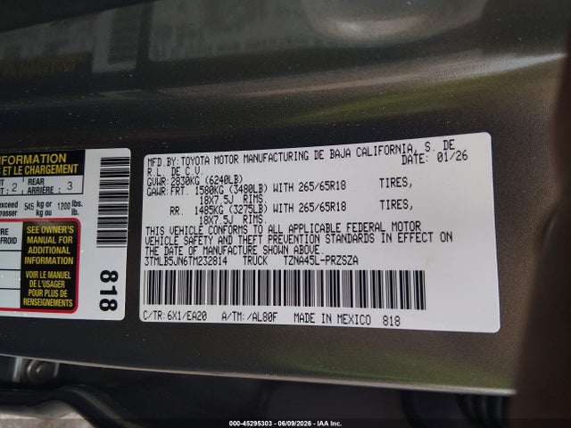 2026 Toyota Tacoma Trd Off Road მანქანა იყიდება აუქციონზე, vin: 3TMLB5JN6TM232814, აუქციონის ნომერი: 45295303
