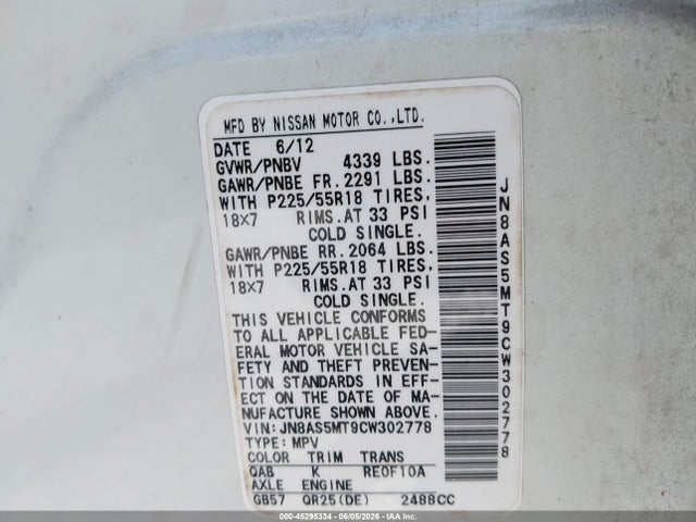 45295334 :رقم المزاد ، JN8AS5MT9CW302778 vin ، 2012 Nissan Rogue Sv W/sl Pkg مزاد بيع