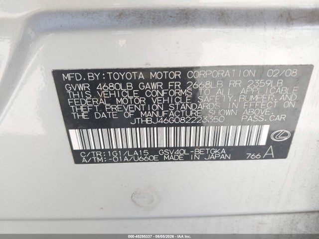 45295337 :رقم المزاد ، JTHBJ46G082223350 vin ، 2008 Lexus Es 350 مزاد بيع