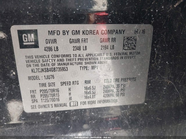 KL7CJKSB4GB735953 Chevrolet Trax 1ls