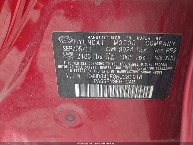 45295355 :رقم المزاد ، KMHD84LF8HU281918 vin ، 2017 Hyundai Elantra Se مزاد بيع