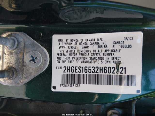 Aukcja sprzedaży 2002 Honda Civic Lx, vin: 2HGES16532H602321, numer aukcji: 45295367