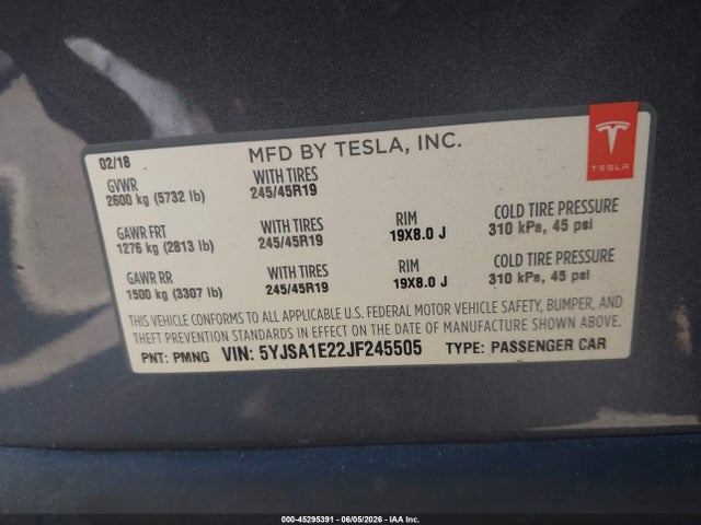 2018 Tesla Model S 100d/75d/p100d მანქანა იყიდება აუქციონზე, vin: 5YJSA1E22JF245505, აუქციონის ნომერი: 45295391