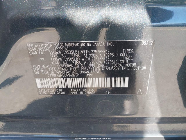 45295412 :رقم المزاد ، 2T3BF4DV6CW249701 vin ، 2012 Toyota Rav4 مزاد بيع