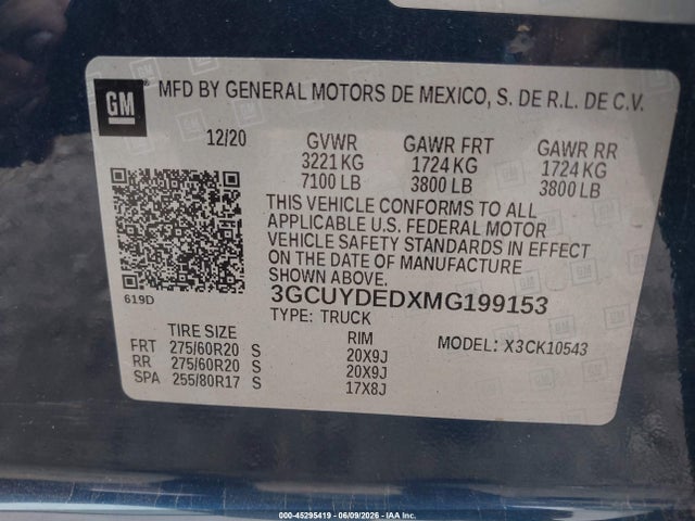 45295419 :رقم المزاد ، 3GCUYDEDXMG199153 vin ، 2021 Chevrolet Silverado 1500 4wd  Short Bed Lt مزاد بيع