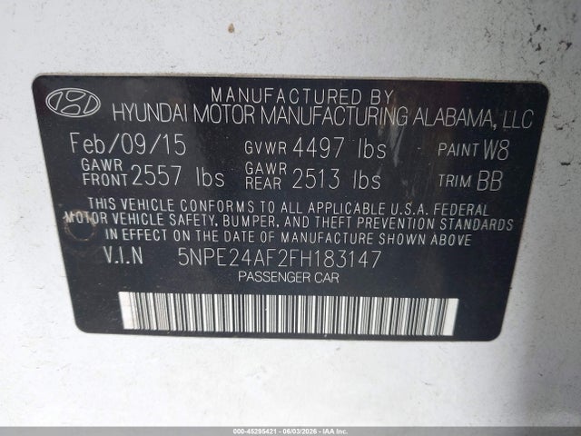Продажа на аукционе авто 2015 Hyundai Sonata Se, vin: 5NPE24AF2FH183147, номер лота: 45295421