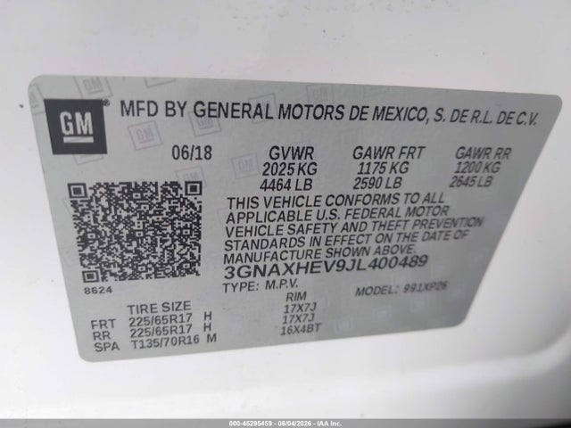 2018 Chevrolet Equinox Ls მანქანა იყიდება აუქციონზე, vin: 3GNAXHEV9JL400489, აუქციონის ნომერი: 45295459