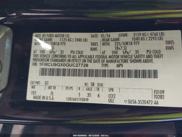 45295483 :رقم المزاد ، 1FMCU9GX0GUC27728 vin ، 2016 Ford Escape Se مزاد بيع