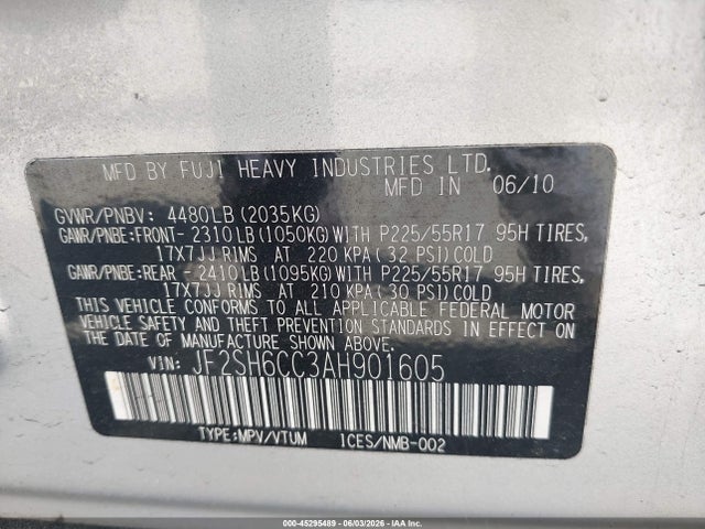 2010 Subaru Forester 2.5x Premium მანქანა იყიდება აუქციონზე, vin: JF2SH6CC3AH901605, აუქციონის ნომერი: 45295489