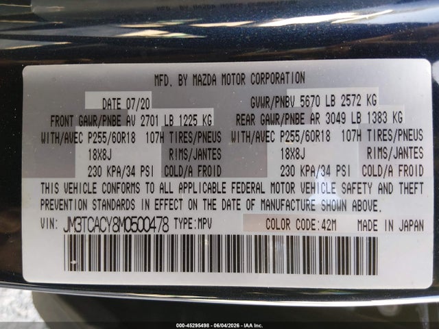 Продаж на аукціоні авто 2021 Mazda Cx-9 Touring, vin: JM3TCACY8M0500478, номер лоту: 45295498
