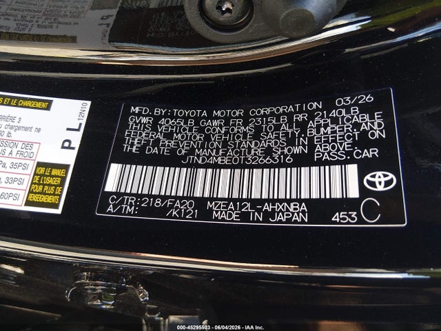 45295503 :رقم المزاد ، JTND4MBE0T3266316 vin ، 2026 Toyota Corolla Se مزاد بيع