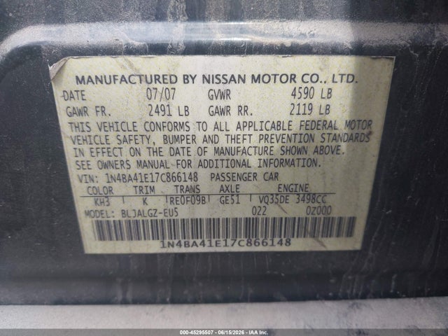 Продаж на аукціоні авто 2007 Nissan Maxima 3.5 Sl, vin: 1N4BA41E17C866148, номер лоту: 45295507
