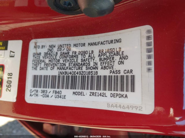 45295512 :رقم المزاد ، 1NXBU40E49Z018518 vin ، 2009 Toyota Corolla Le مزاد بيع