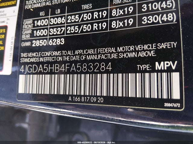 45295522 :رقم المزاد ، 4JGDA5HB4FA583284 vin ، 2015 Mercedes-benz Ml 350 4matic مزاد بيع