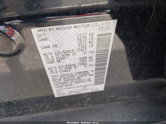 45295528 :رقم المزاد ، 5N1AT2MV3FC843626 vin ، 2015 Nissan Rogue Sl مزاد بيع