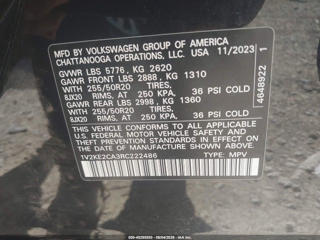 Продаж на аукціоні авто 2024 Volkswagen Atlas Cross Sport 2.0t Se W/technology, vin: 1V2KE2CA3RC222486, номер лоту: 45295550