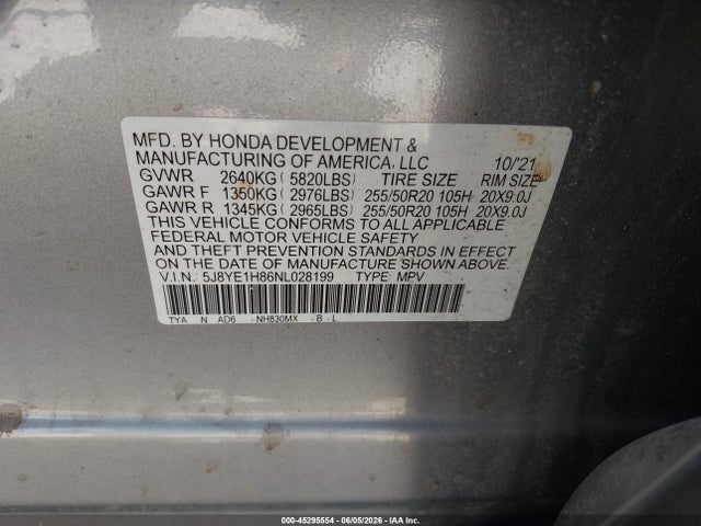 Aukcja sprzedaży 2022 Acura Mdx Advance Package, vin: 5J8YE1H86NL028199, numer aukcji: 45295554