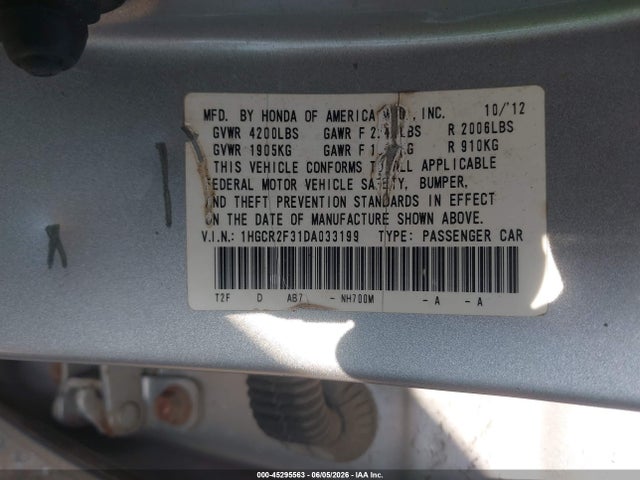2013 Honda Accord Lx მანქანა იყიდება აუქციონზე, vin: 1HGCR2F31DA033199, აუქციონის ნომერი: 45295563