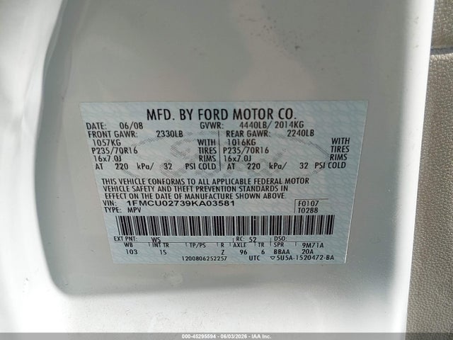 Aukcja sprzedaży 2009 Ford Escape Xls/xls Manual, vin: 1FMCU02739KA03581, numer aukcji: 45295594