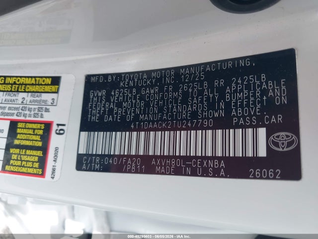 2026 Toyota Camry Le მანქანა იყიდება აუქციონზე, vin: 4T1DAACK2TU247790, აუქციონის ნომერი: 45295603