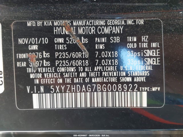Продажа на аукционе авто 2011 Hyundai Santa Fe Se, vin: 5XYZHDAG7BG008922, номер лота: 45295607