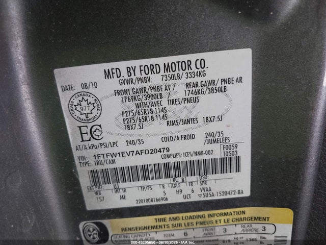 Aukcja sprzedaży 2010 Ford F-150 Fx4/harley-davidson/king Ranch/lariat/platinum/xl/xlt, vin: 1FTFW1EV7AFD20479, numer aukcji: 45295650