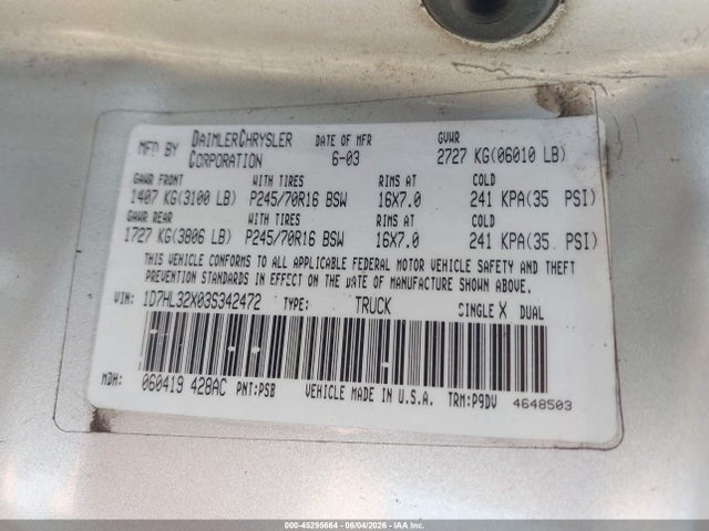 Продаж на аукціоні авто 2003 Dodge Dakota Sport, vin: 1D7HL32X03S342472, номер лоту: 45295664