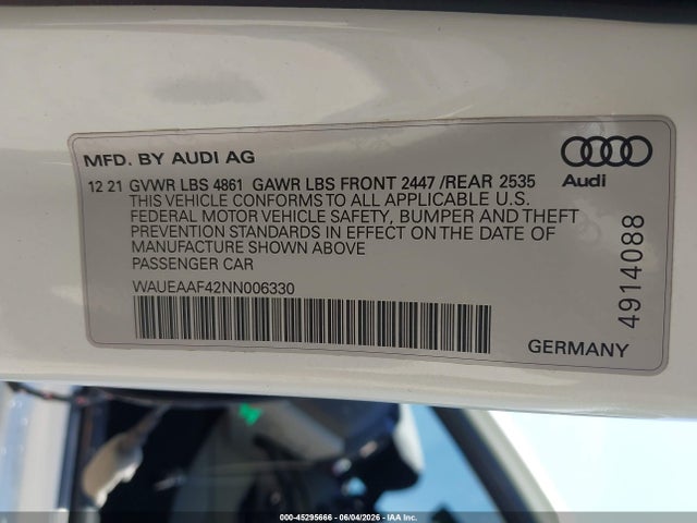 45295666 :رقم المزاد ، WAUEAAF42NN006330 vin ، 2022 Audi A4 Premium Plus 45 Tfsi S Line Quattro S Tronic مزاد بيع