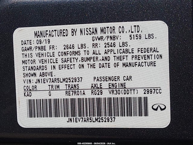 Продажа на аукционе авто 2020 Infiniti Q50 Luxe Awd, vin: JN1EV7AR5LM252937, номер лота: 45295668