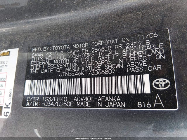 45295670 :رقم المزاد ، JTNBE46K173068807 vin ، 2007 Toyota Camry Le مزاد بيع