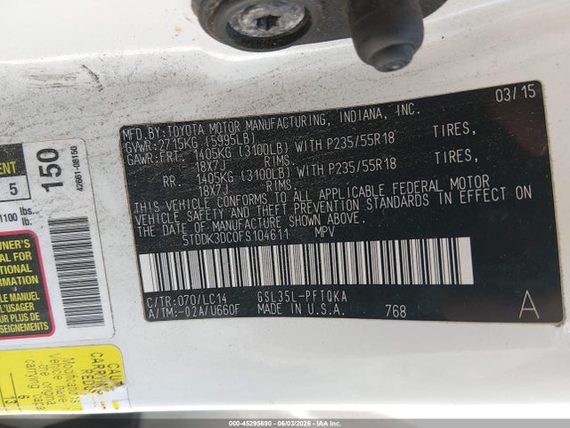 Aukcja sprzedaży 2015 Toyota Sienna Xle Premium 7 Passenger, vin: 5TDDK3DC0FS104611, numer aukcji: 45295690