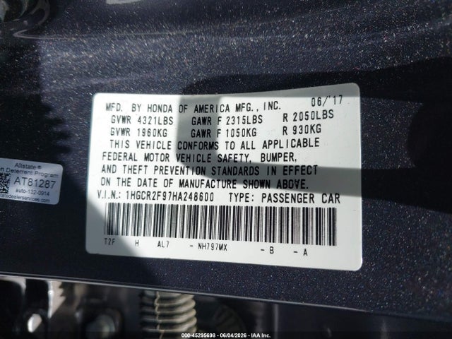 1HGCR2F97HA248600 Honda Accord Ex-l
