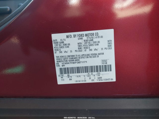 2015 Ford Explorer Limited მანქანა იყიდება აუქციონზე, vin: 1FM5K7F80FGB71171, აუქციონის ნომერი: 45295703
