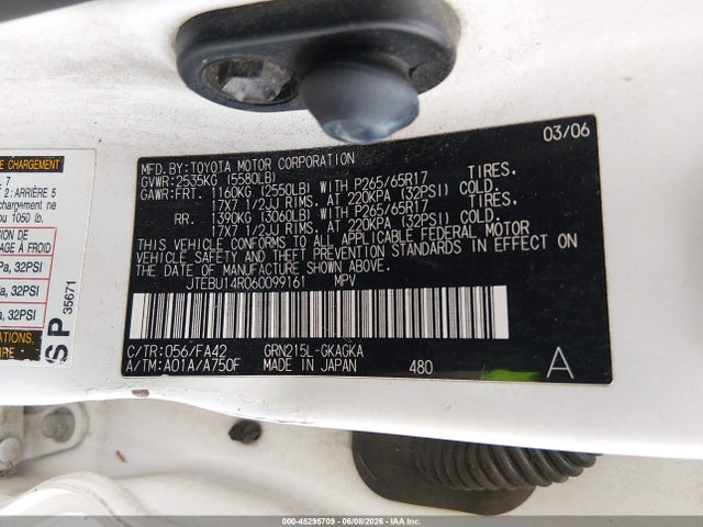 Aukcja sprzedaży 2006 Toyota 4runner Sr5, vin: JTEBU14R060099161, numer aukcji: 45295709
