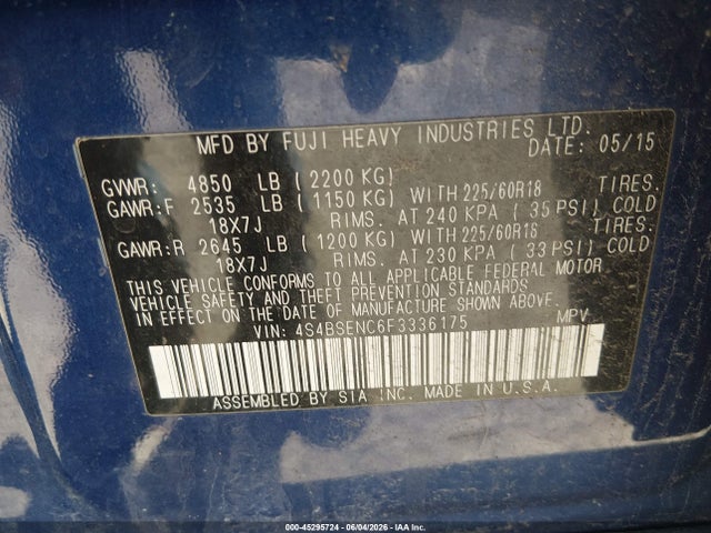 Aukcja sprzedaży 2015 Subaru Outback 3.6r Limited, vin: 4S4BSENC6F3336175, numer aukcji: 45295724